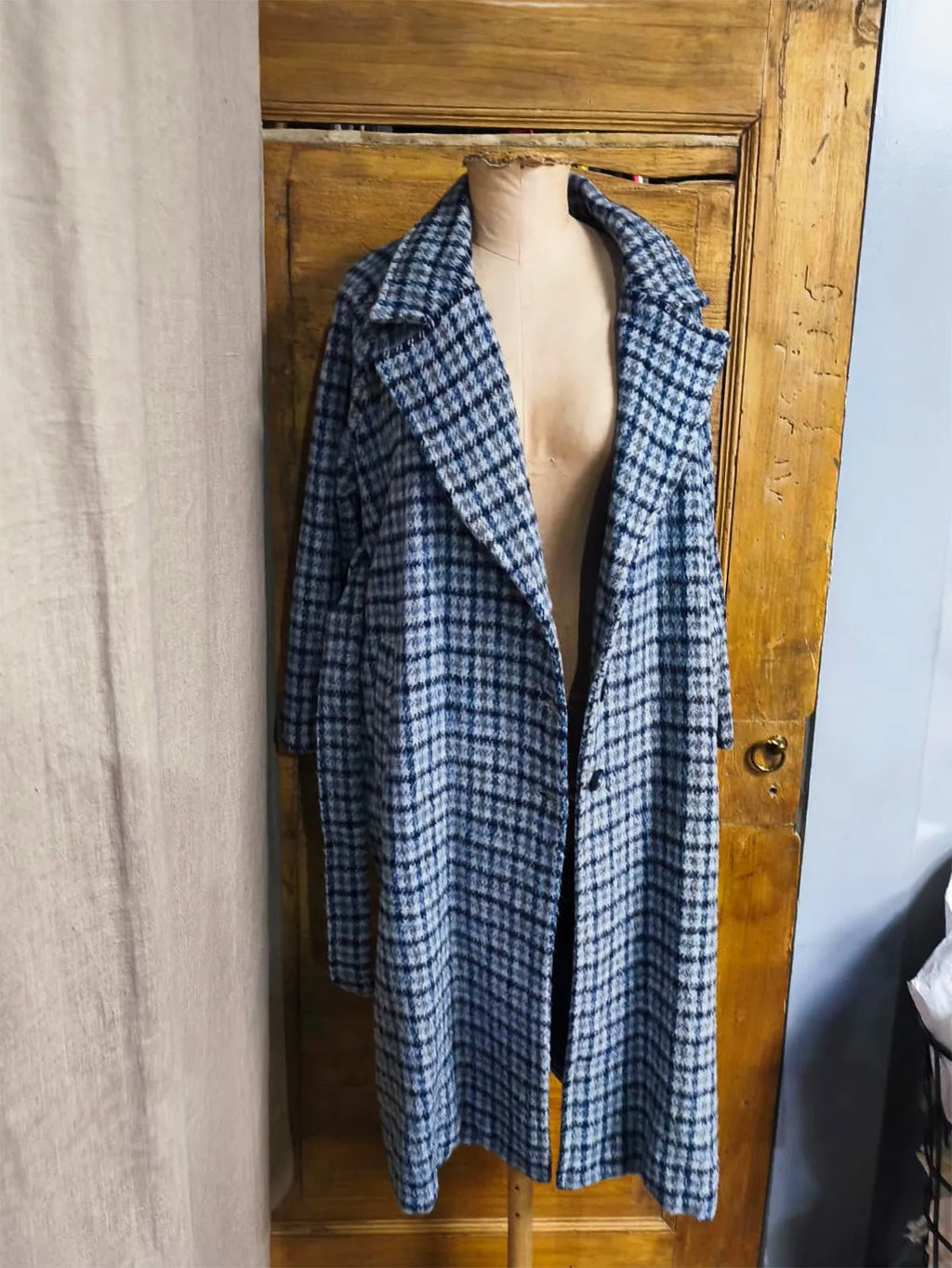 Cappotto lana, alpaca, a quadri, toni del blu