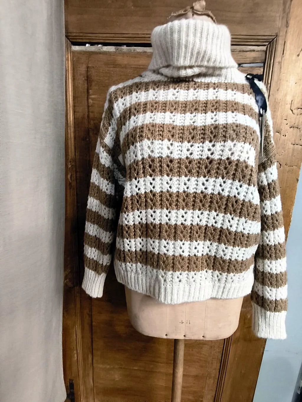 Maglia a righe, panna e beige, misto lana