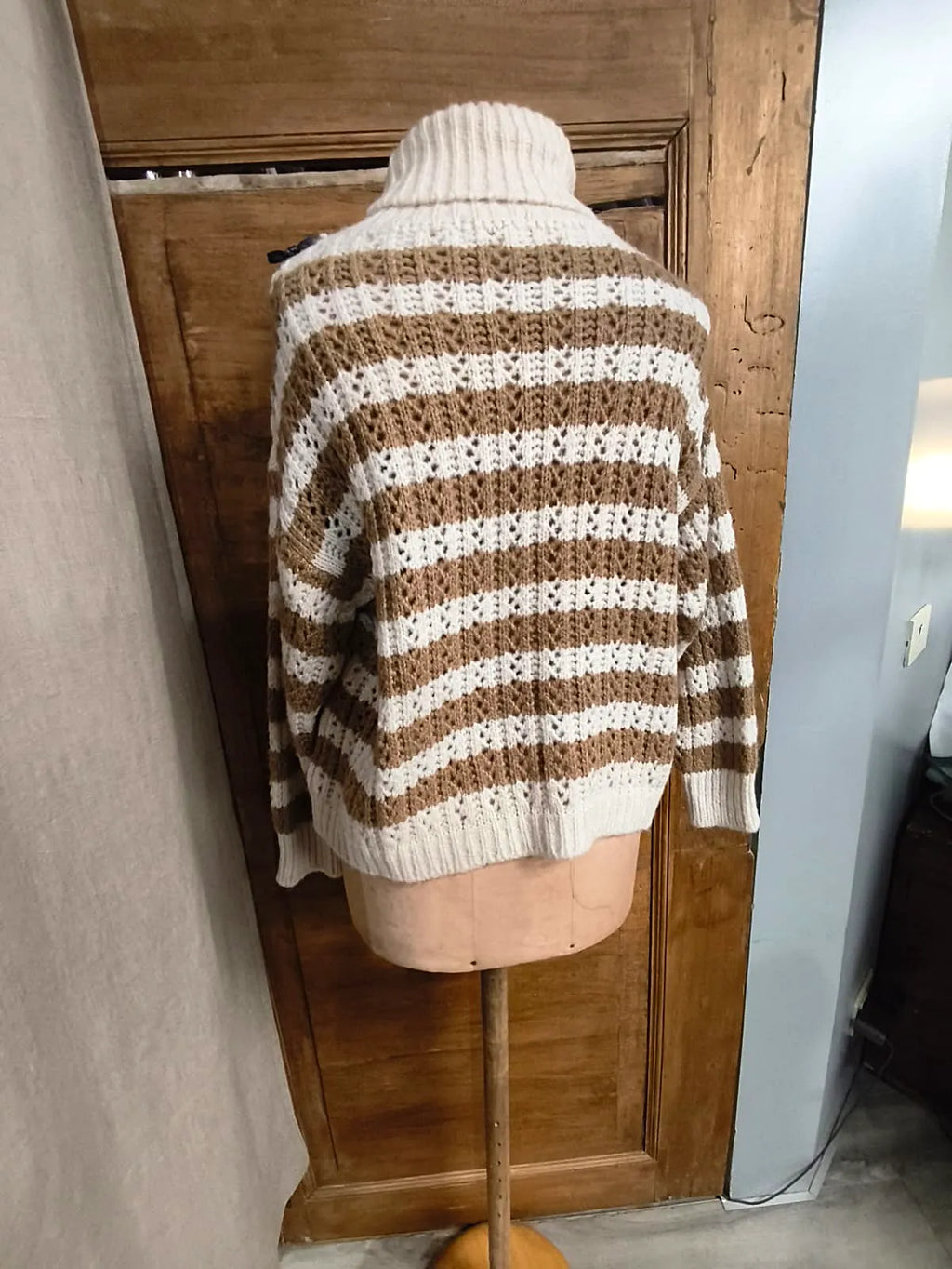 Maglia a righe, panna e beige, misto lana