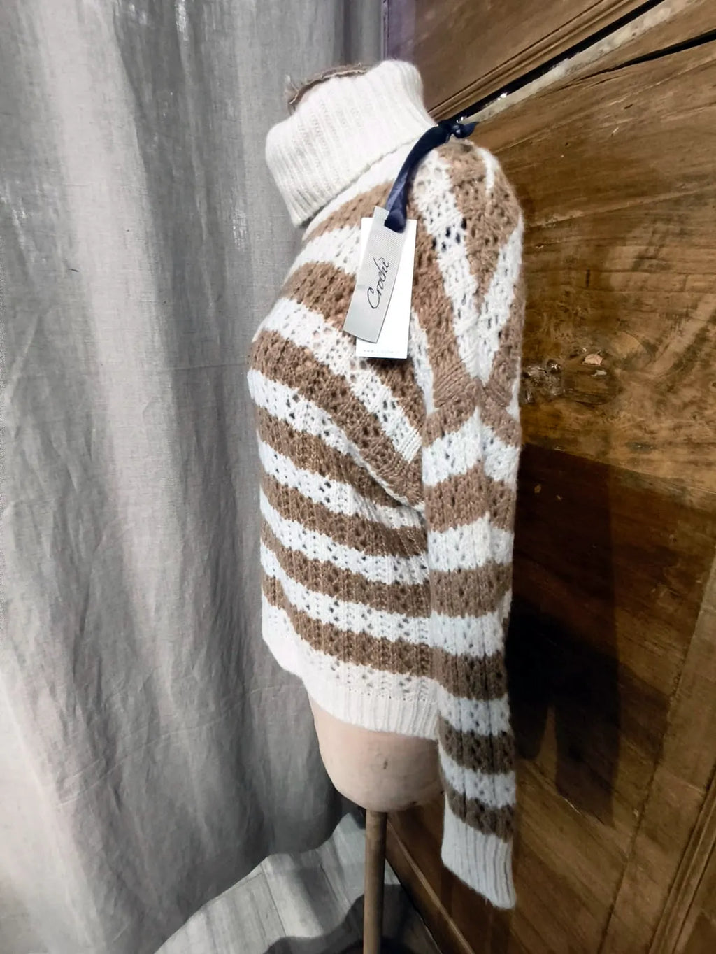 Maglia a righe, panna e beige, misto lana