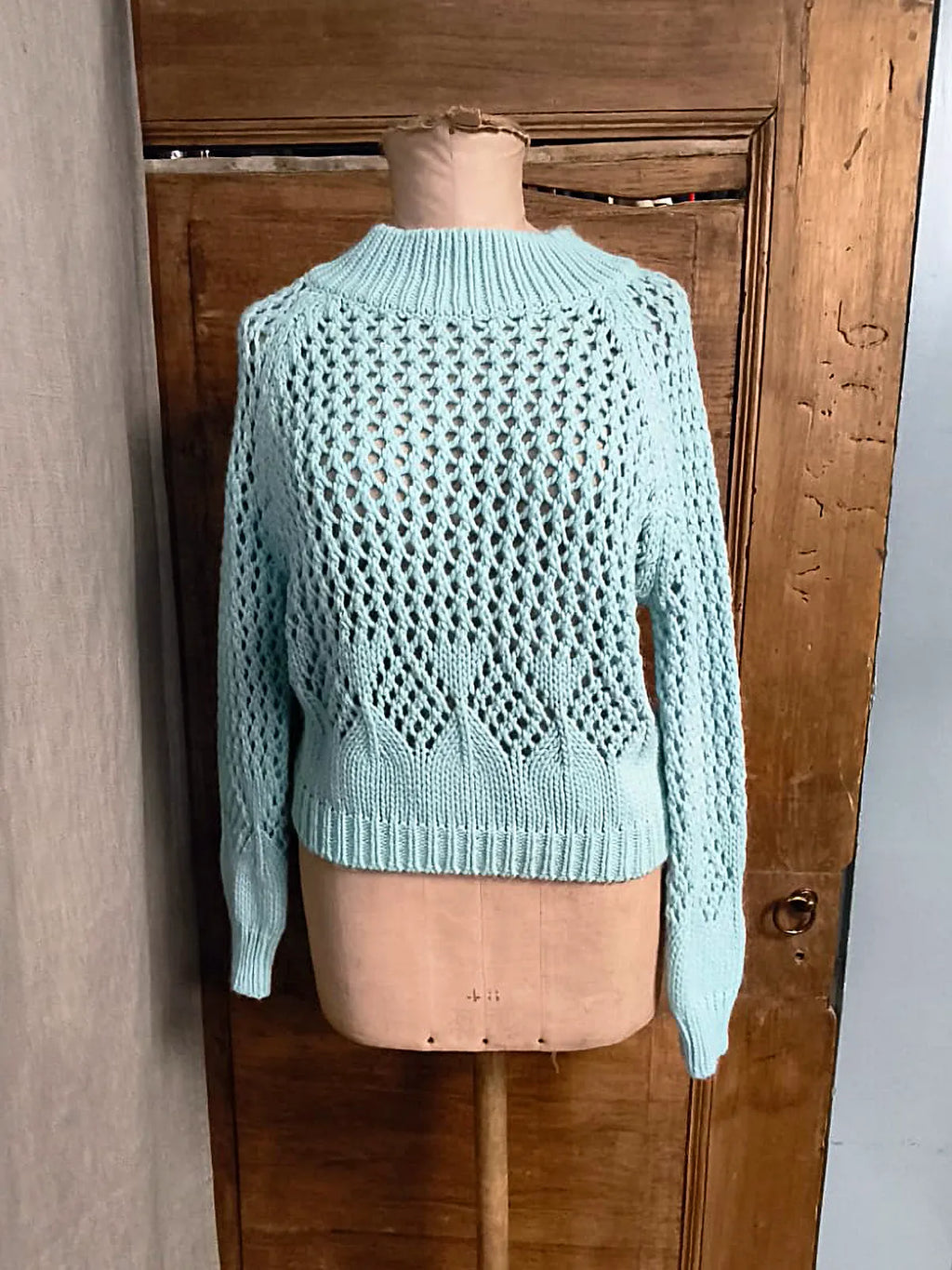 MAGLIA TRAFORATA, CON ALPACA LANA E SINTETICO, VERDE ACQUA
