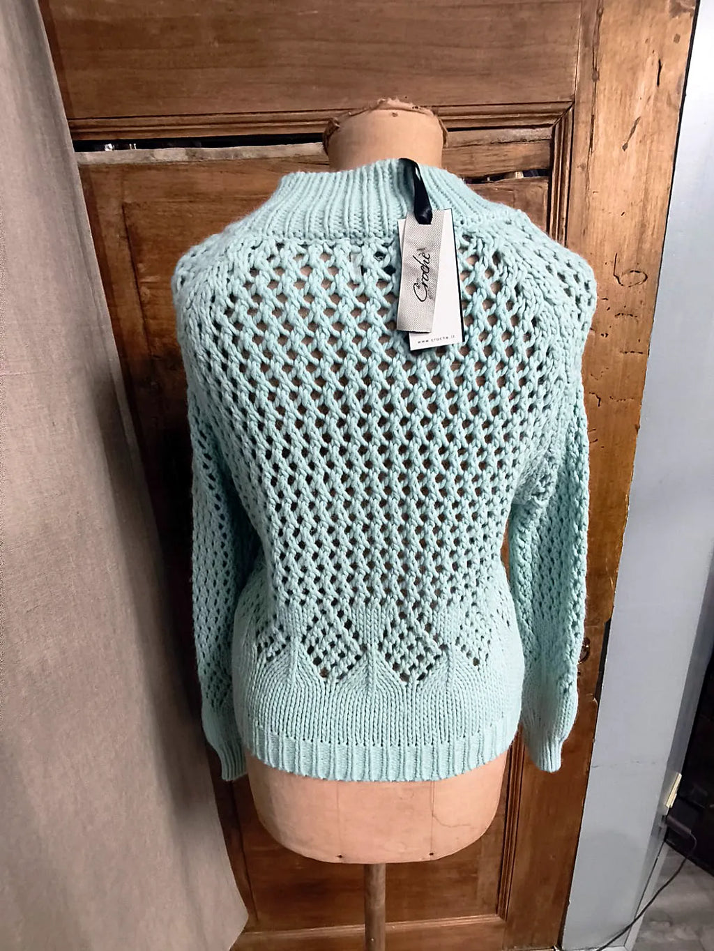 MAGLIA TRAFORATA, CON ALPACA LANA E SINTETICO, VERDE ACQUA